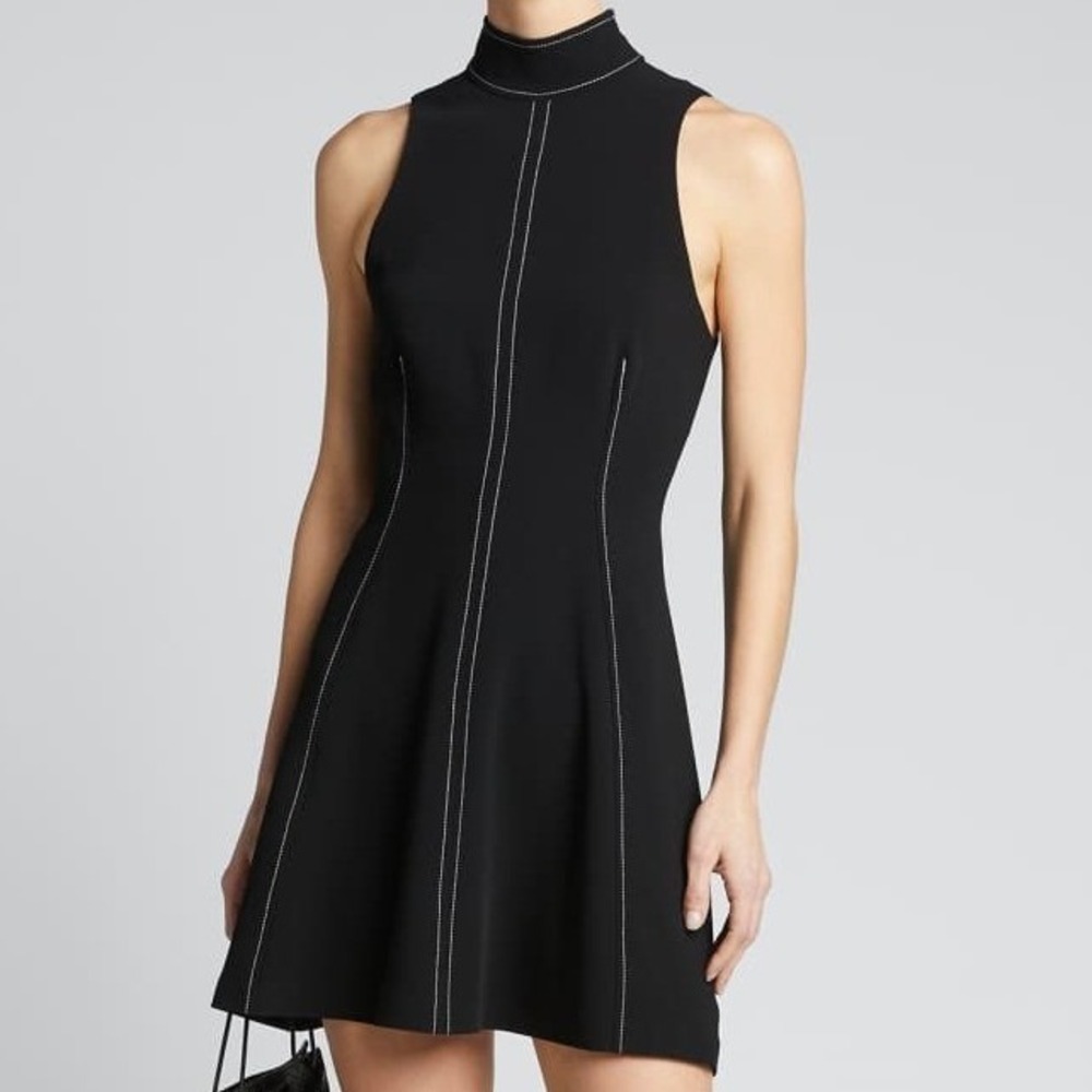 Cinq a Sept Angie Dress Black White Contrast Stitch Bow Neck Mini Dress 14 Retro - Picture 2 of 10